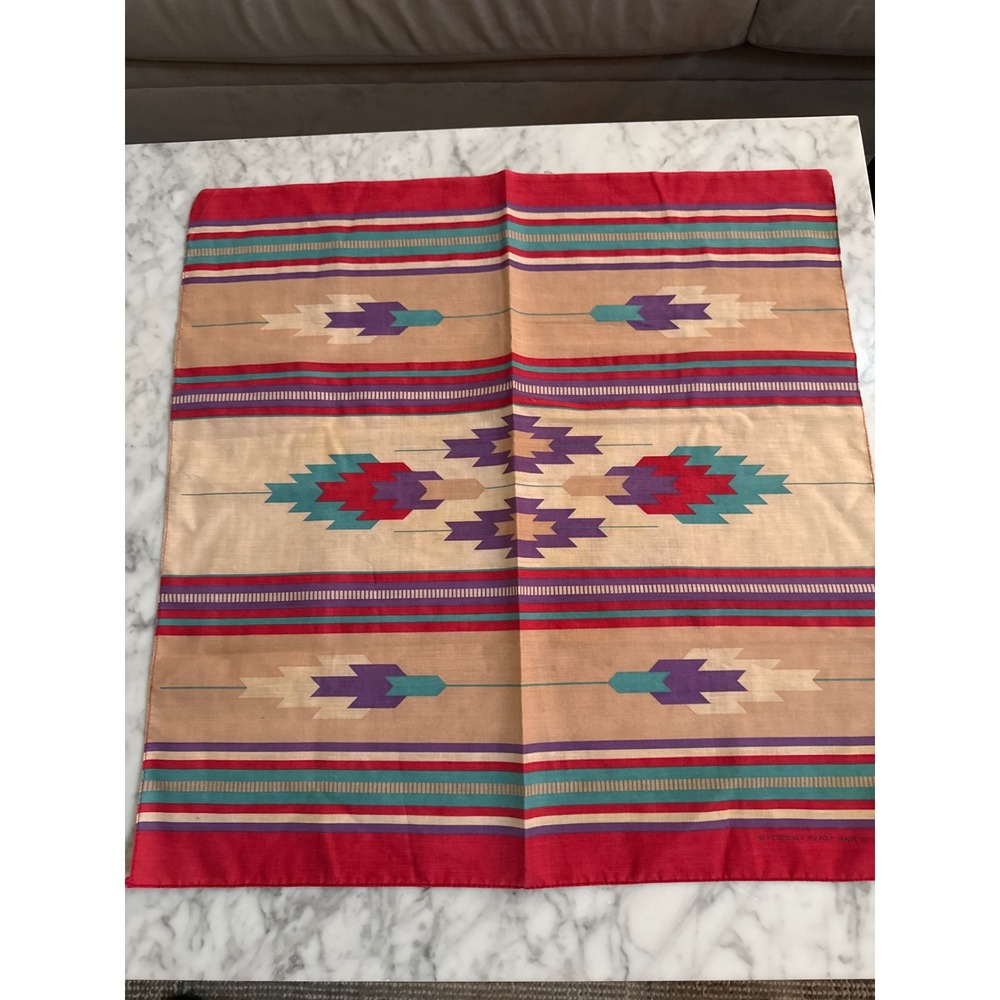 Vintage Southwestern Aztec Bandana Red Purple Teal Made in USA RN 223 Geometric